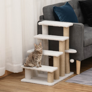 Escalera para Gatos de 4 Niveles, Escalera para Mascotas, Cubierto de Suave Felpa, Poste de Yute, Bola Colgante, Árbol Rascador para Gatos, 60x40x64 cm, Blanco