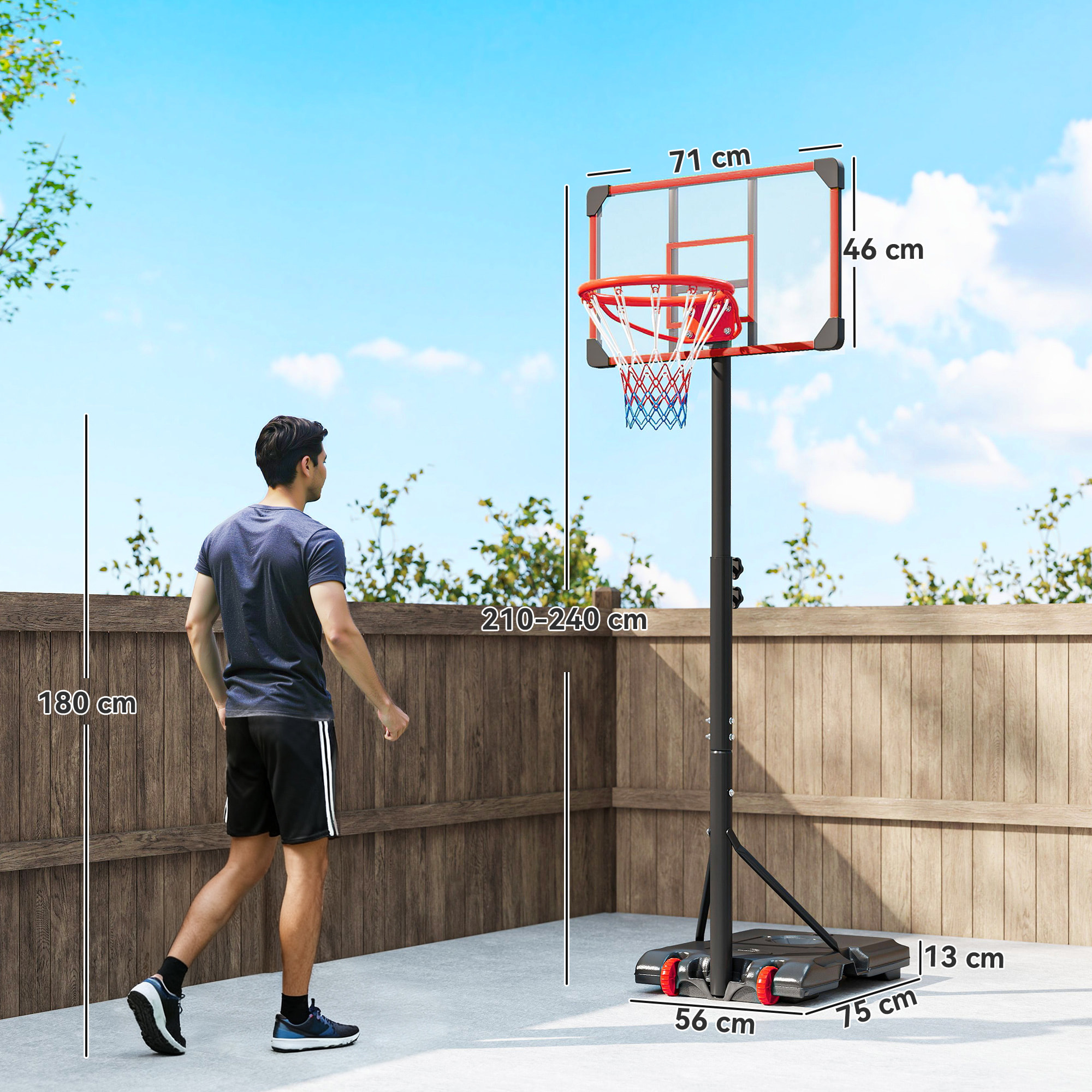 Canasta de Baloncesto para Exterior, Altura Ajustable 178-208 cm, Canasta de Baloncesto Portátil con Tablero Irrompible, Ruedas y Base Rellenable con Ranura, para Adolescentes y Adultos
