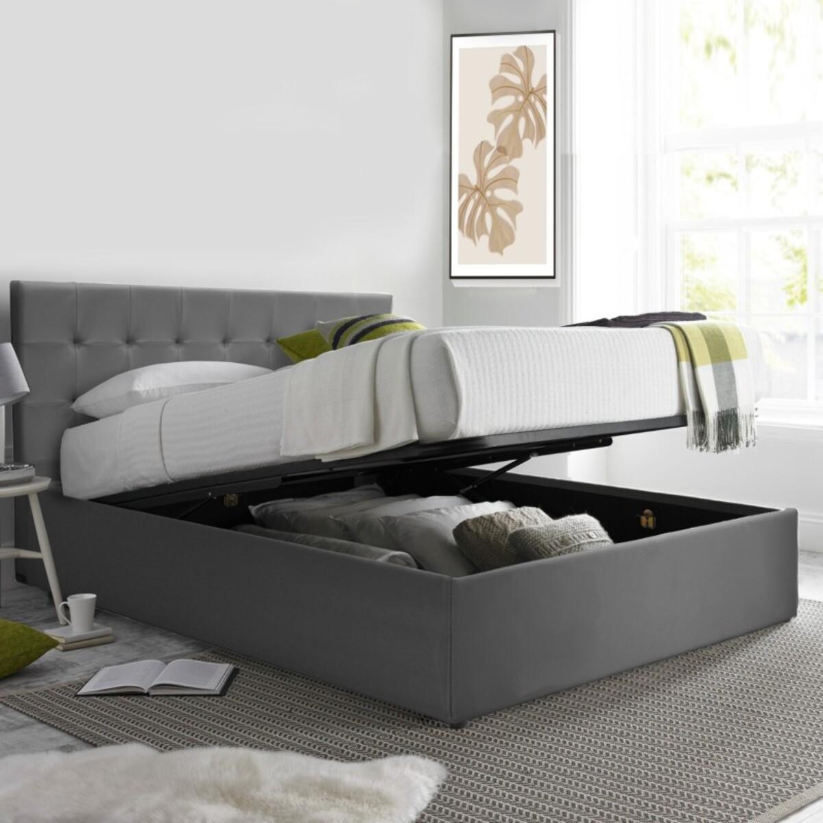 Lit coffre sommier relevable gris | Modele Venise Simili Cuir | Grande capacite de stockage