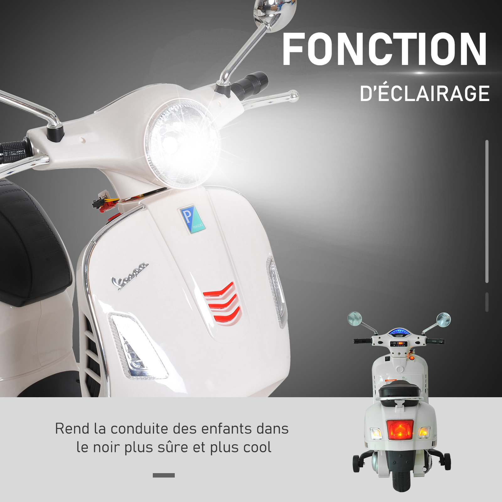 Scooter moto électrique enfants 6 V dim. 102L x 51l x 76H cm musique MP3 port USB klaxon phare feu AR blanc Vespa