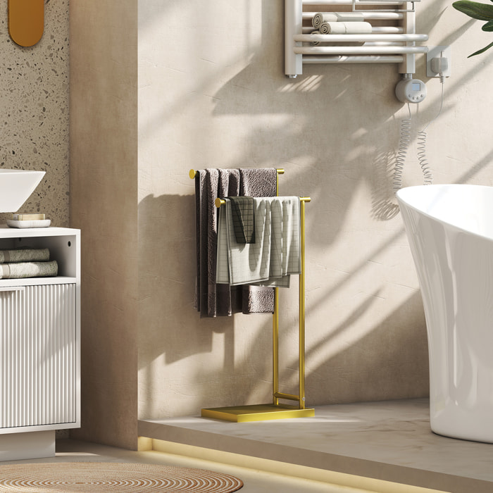 Toallero de Pie de 2 Niveles, Toallero Escalera de Baño con 2 Barras y Marco Metálico, Estilo Moderno, en Forma de L, 35,5x20x78 cm, Dorado