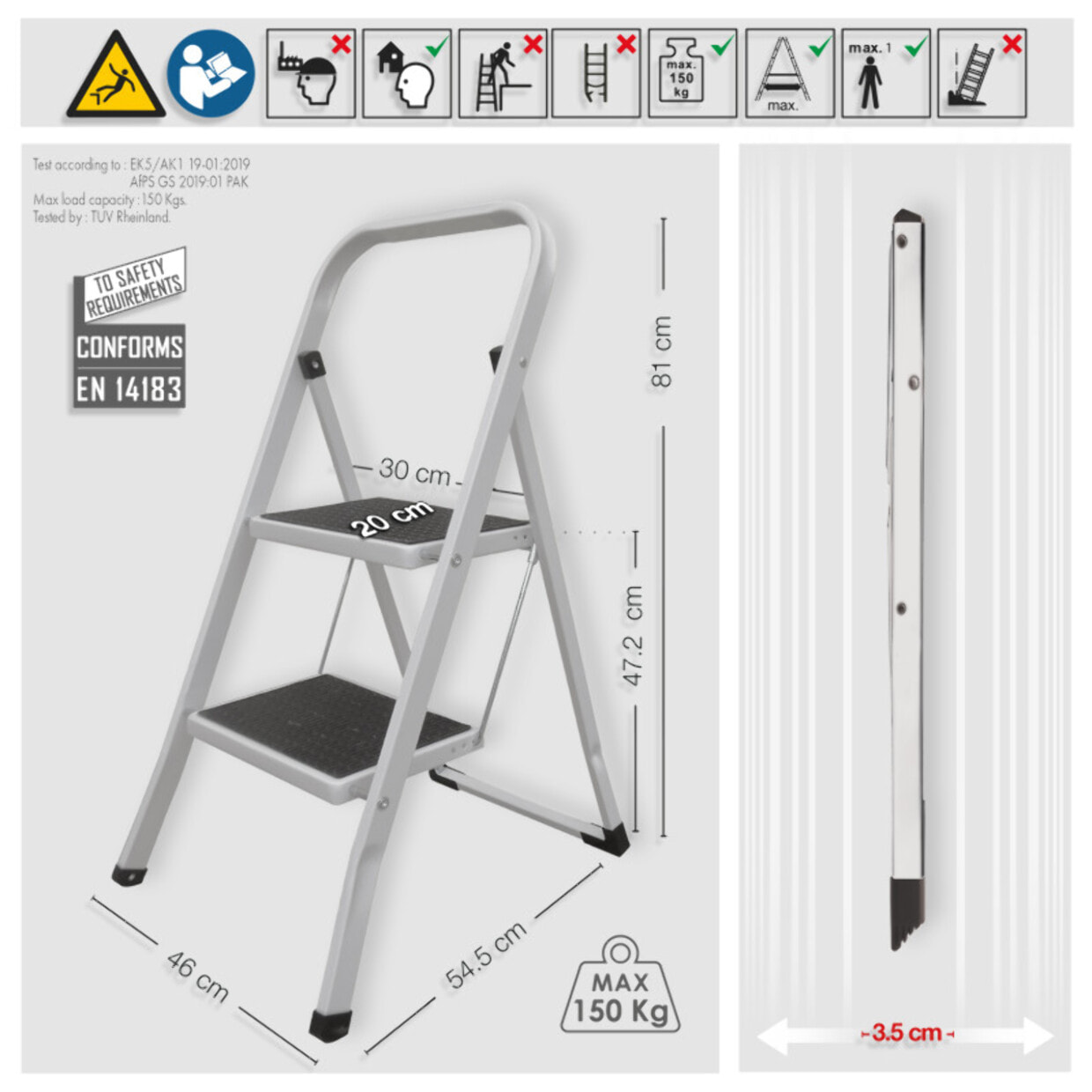 Escabeau 2 marches pliant & antidérapant en Acier Max 150kg (46x55x82cm) MSV