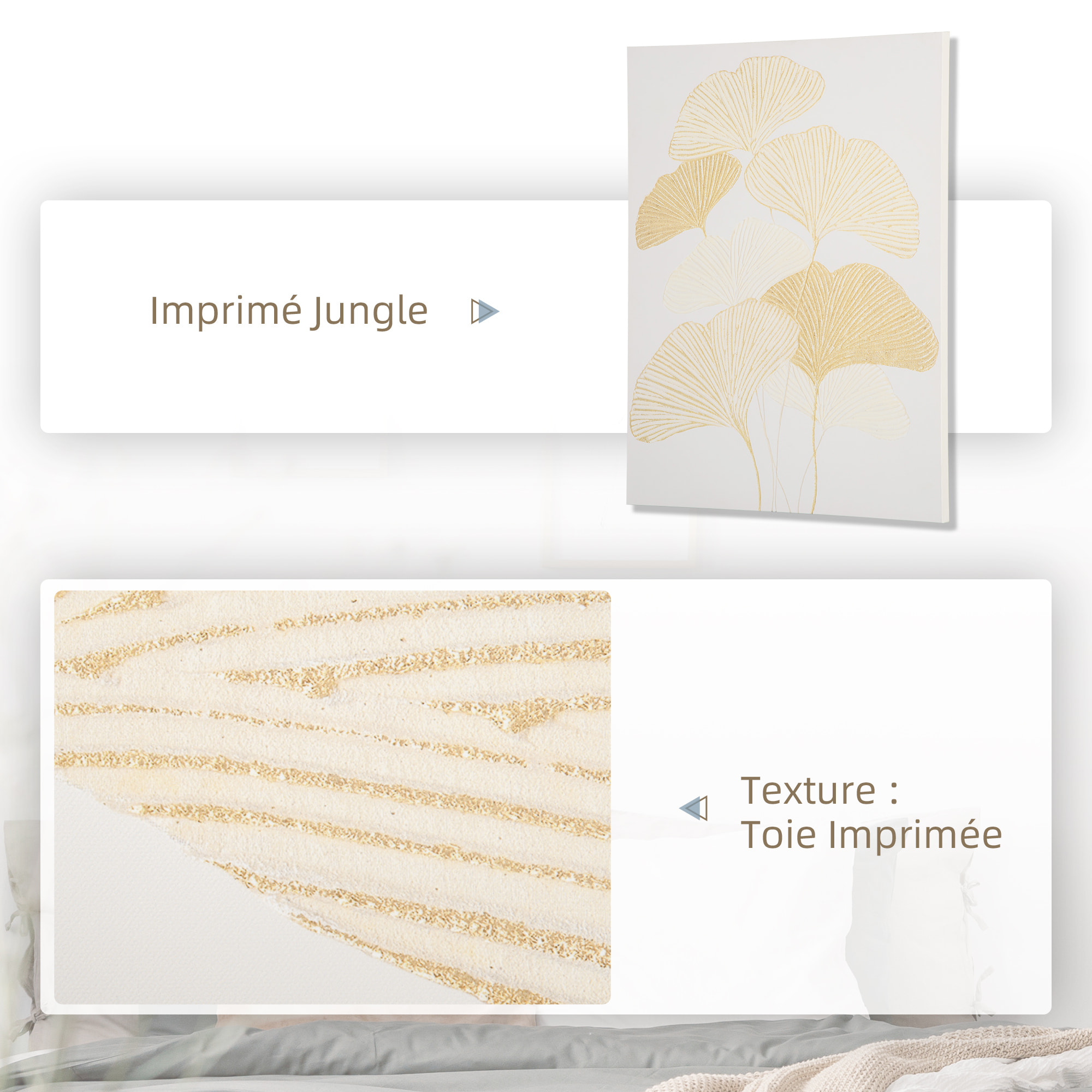 Tableau imprimé et peint feuilles ginkgo biloba - dim. 100L x 80l cm - décoration murale - toile 100% polyester structure bois de pin encre dorée blanc