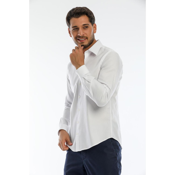 Camicia Uomo 1 Bottone Francese Slim Cotone Unito Bianco