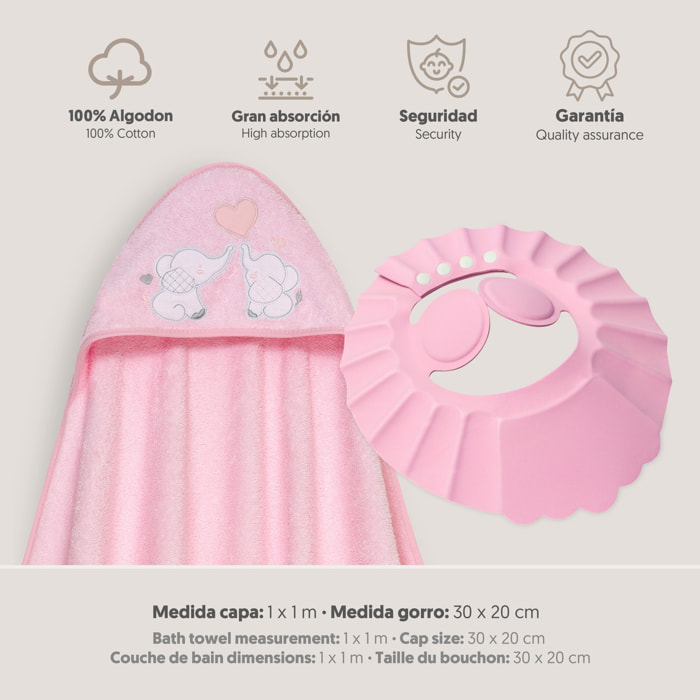 Capa Baño 1X1 Mod Parejita Elefante+Gorro Rosa
