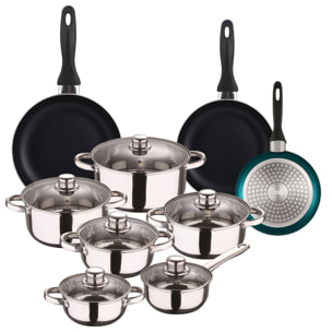 set de batería de cocina de 12pc en acero inoxidable + 3 sartenes ø16ø20ø24cm azul metalizado en aluminio prensado