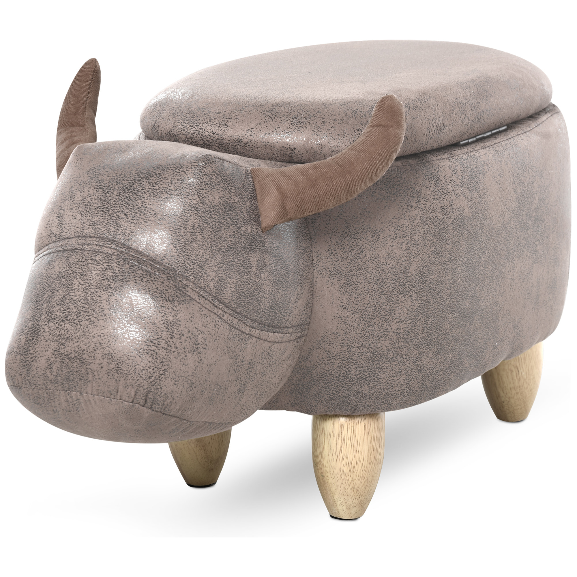 Tabouret vache - pouf vachette - pouf taureau coffre de rangement 2 en 1 - pieds bois d'hévéa revêtement synthétique aspect daim vieilli marron