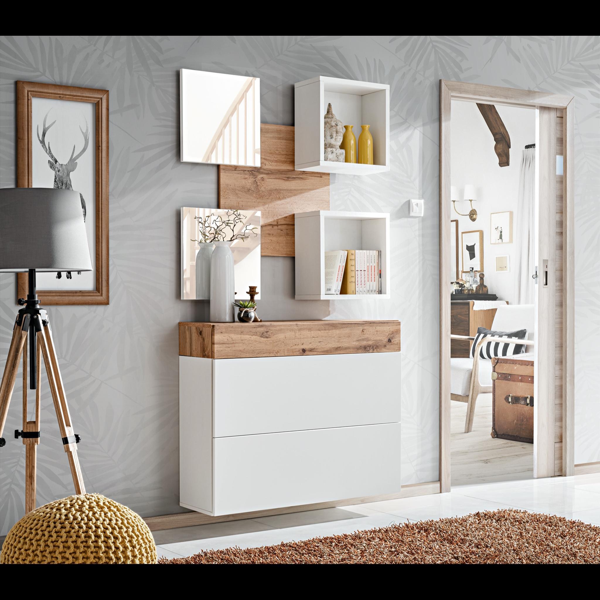 Mobile Ingresso Moderno Con 2 Specchi Vani A Giorno E Base Con Ante E Cassetto Design Elegante Salvaspazio 100 x 170 x 30 Cm Bianco E Rovere