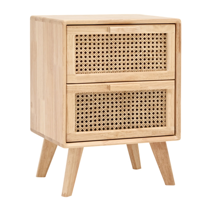 Table d'appoint en bois d'hévéa avec deux tiroirs et façade en maille cannage 54x40cm Hauteur: 54 Longueur: 40 Largeur: 30