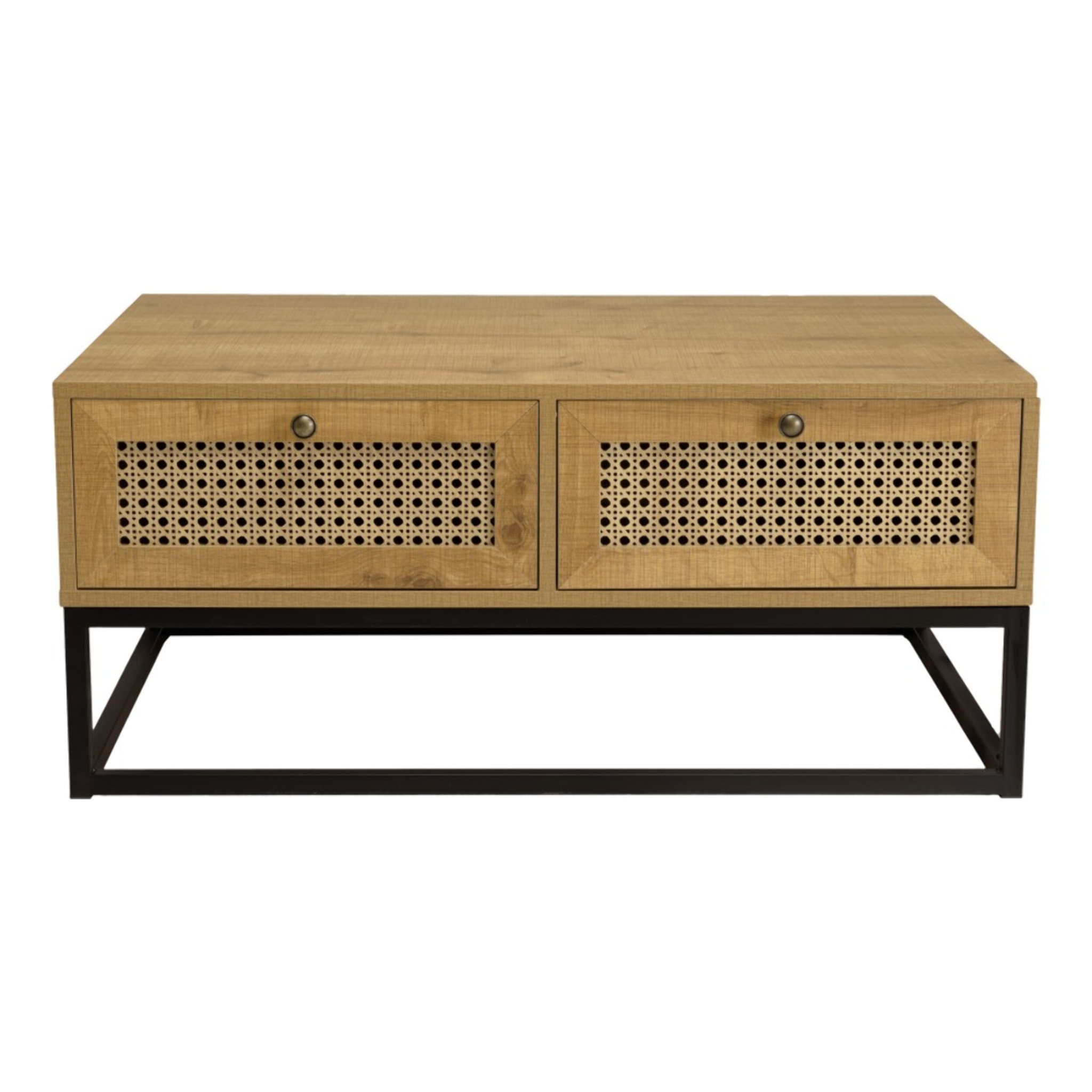 CHARLIE - Table basse marron 4 tiroirs effet cannage pieds métal noir