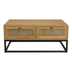 CHARLIE - Table basse marron 4 tiroirs effet cannage pieds métal noir