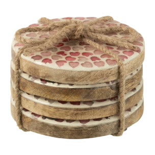 J-Line dessous de verre Coeur Mozaiek - bois - rose - set de 4