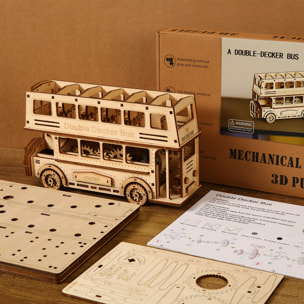 Maqueta de Madera 3D, diseño de Autobús de dos pisos con movimiento mecánico. 349 piezas.