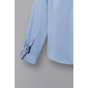 Camicia Uomo 1 Bottone Francese Slim Popeline Stretch Unito Celeste