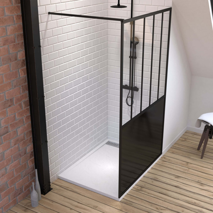 Pack Paroi de douche 120x200 cm noir mat - verre trempe 5mm + Receveur extra plat à poser - caniveau