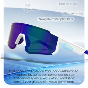 Gafas deportivas inteligentes QY PRO 1. Asistente de voz inteligente, traducción en tiempo real de más de 100 idiomas, control de música/llamadas y lentes fotocromáticas UV400.