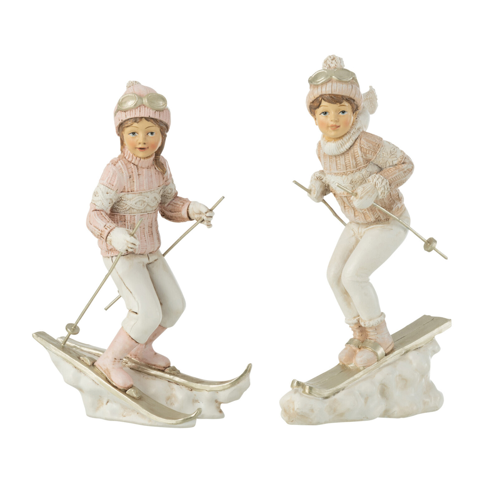 J-Line figurine Fille & Garçon Ski - polyrésine - blanc/rose - 2 pcs