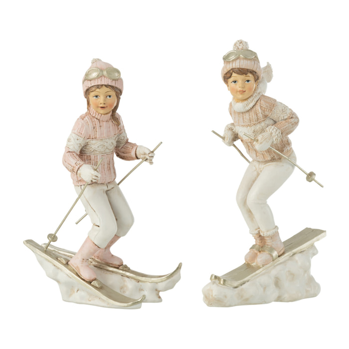 J-Line figurine Fille & Garçon Ski - polyrésine - blanc/rose - 2 pcs