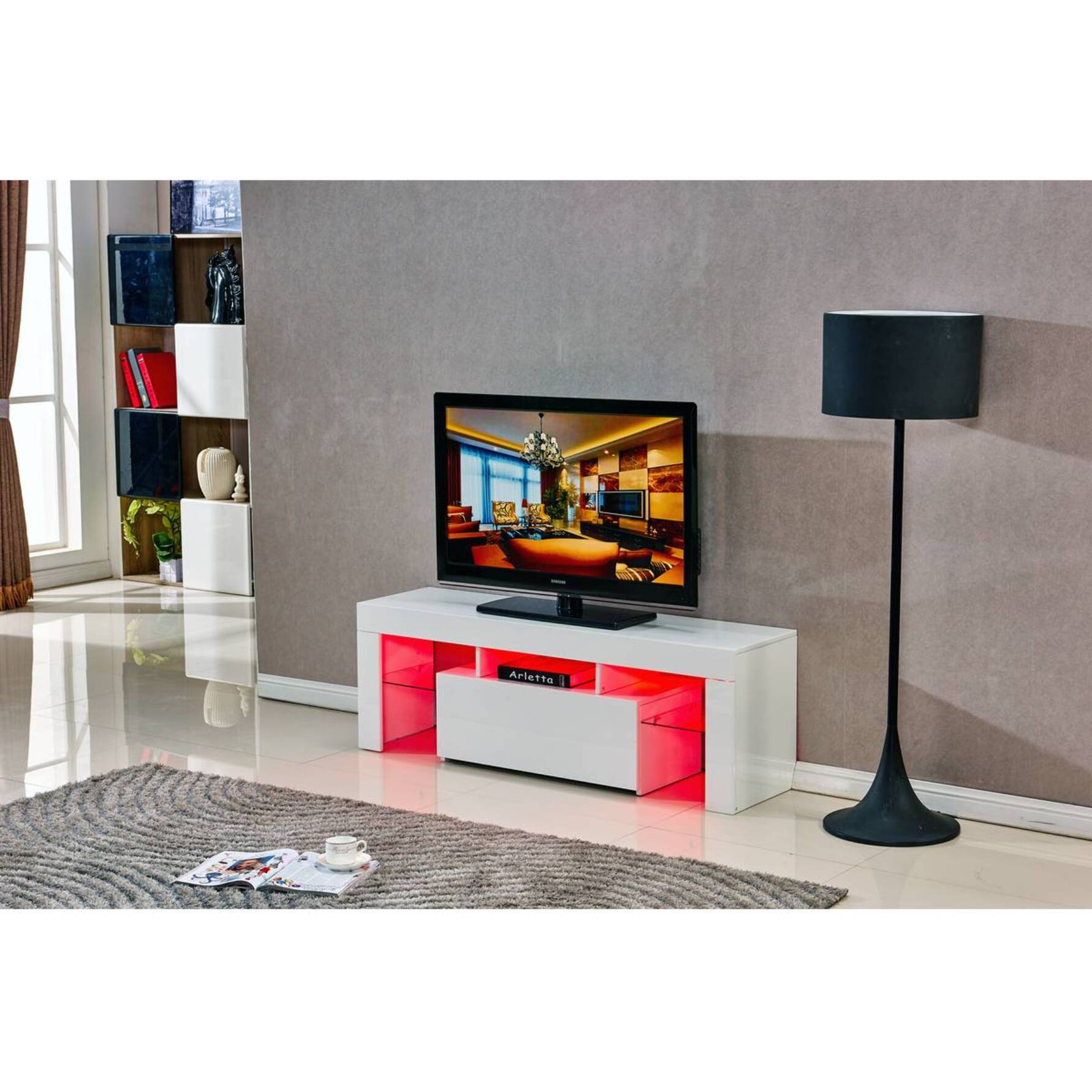 Meuble TV LED "Borda" - 130 x 34 x 45 cm - Blanc laqué