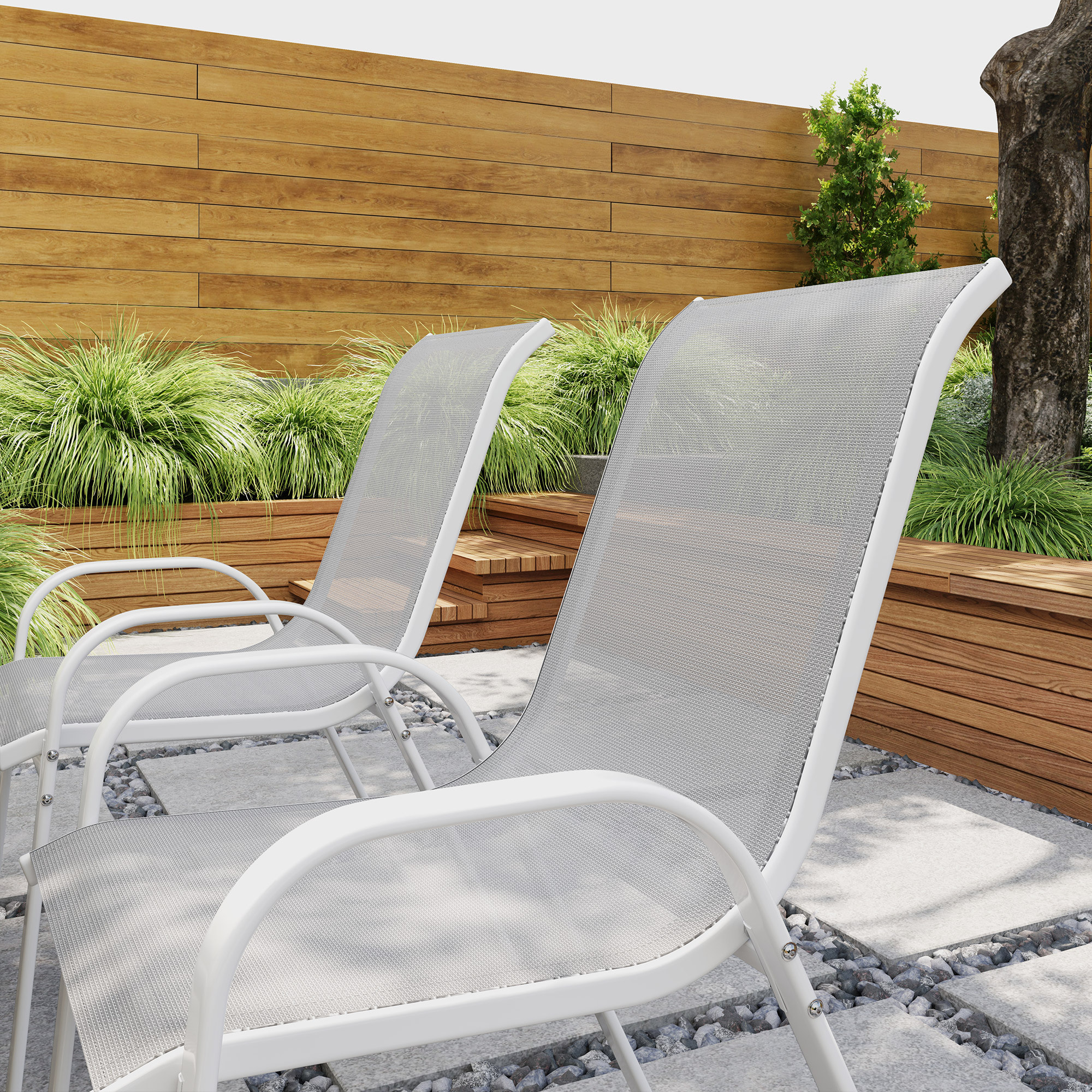 Juego de 4 Sillas de Jardín Exterior Sillas Terraza Exterior Apilables Sillas de Jardín con Tela Transpirable Marco de Acero Reposabrazos y Respaldo 54x71x93 cm Gris y Blanco