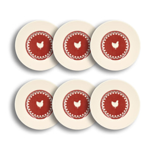 Lot de 6 assiettes creuses en grès 20cm avec imprimé poule GALLINA