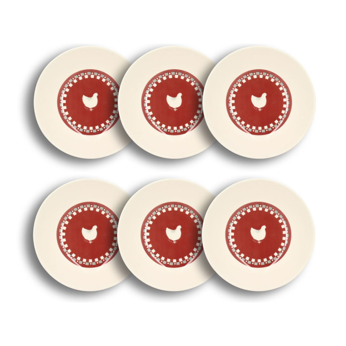 Lot de 6 assiettes creuses en grès 20cm avec imprimé poule GALLINA