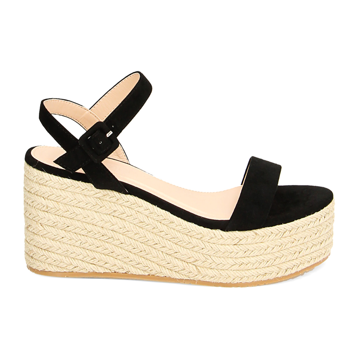 Zeppe nere in microfibra, platform in rafia 8,5 cm