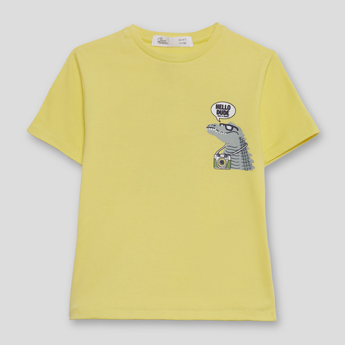 Camiseta Niño Manga Corta 100 % Algodón Estampado Dinosaurio con Cámara, Cuello Redondo, Corte Regular, Ideal Verano y Uso Escolar | Color: Maiz | Street Monkey
