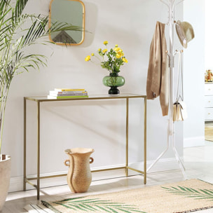 Console da salotto moderna dorata con piano in vetro