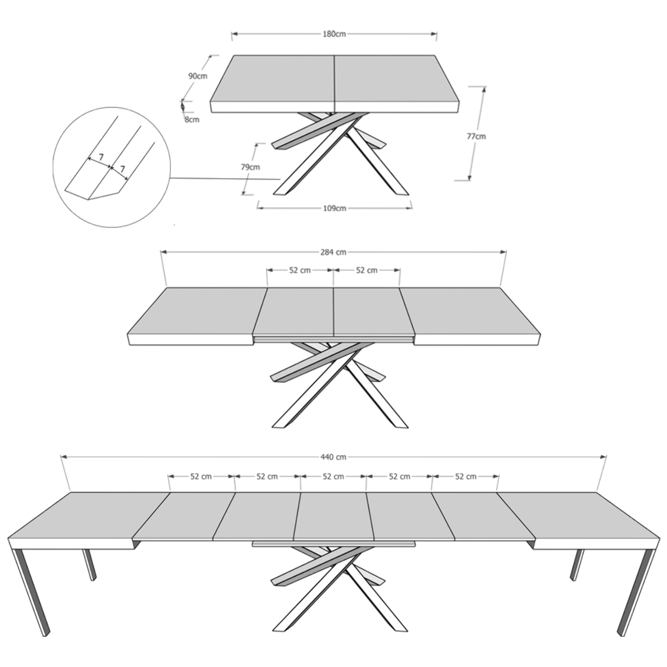 Tavolo allungabile 90x180/440 cm Volantis cemento telaio bianco