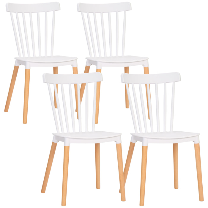 HOMCOM Juego de 4 Sillas de Comedor Estilo Nórdico Sillas de Cocina con Respaldo Alto Asiento de Polipropileno y Patas de Madera de Haya Carga 120 kg 43x52,5x83 cm Blanco