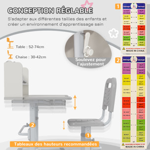 Bureau enfant avec chaise - ensemble bureau et chaise réglable - support lecture, tablette, étagère - gris blanc