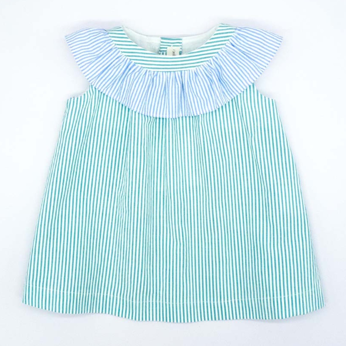 VESTIDO CON MAXIVOLANTE EN CUELLO RAYAS VERDE Y AZUL