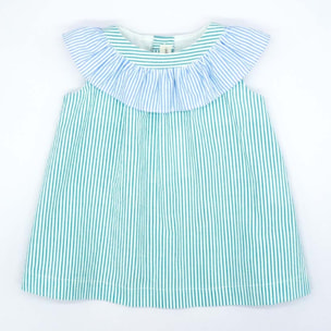 VESTIDO CON MAXIVOLANTE EN CUELLO RAYAS VERDE Y AZUL