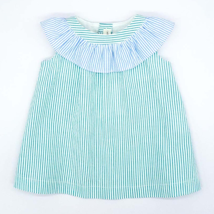 VESTIDO CON MAXIVOLANTE EN CUELLO RAYAS VERDE Y AZUL