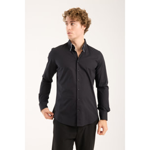 Camicia Uomo 2 Bottoni Button Down Doppio Coll Popeline Stretch Unito Nero