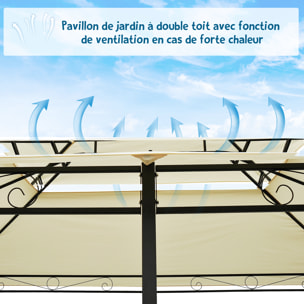 Tonnelle barnum pavillon de jardin style colonial double toit toiles latérales amovibles 3L x 4l x 2,65H m crème