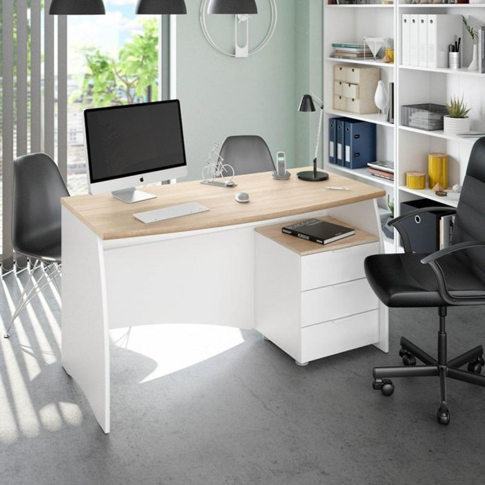 Mesa de escritorio Stil Buc 3 cajones Blanco Artik (Blanco Mate) - Roble Canadian