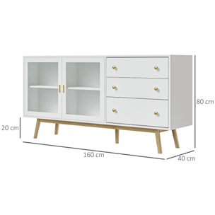 Aparador de Cocina Moderno Aparador de Salón Mueble Vitrina con 2 Puertas de Vidrio 3 Cajones y Patas de Madera de Caucho para Comedor 160x40x80 cm Blanco