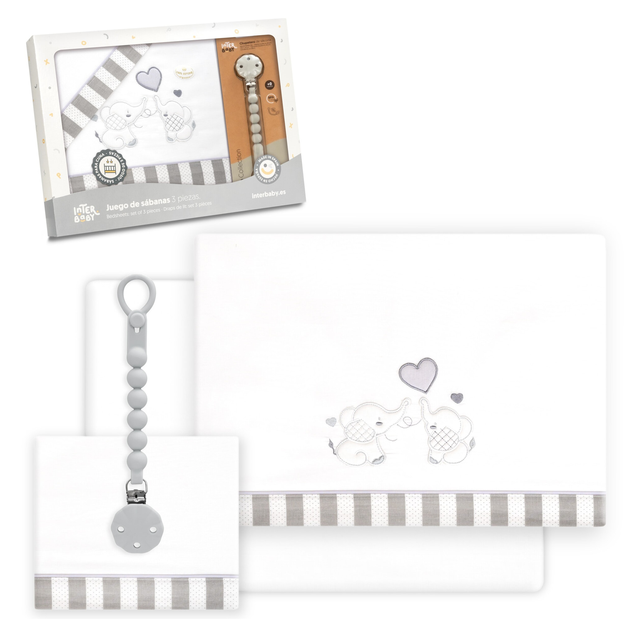 Triptico Cuna Parejita Elefante + Broche Bco/Gris