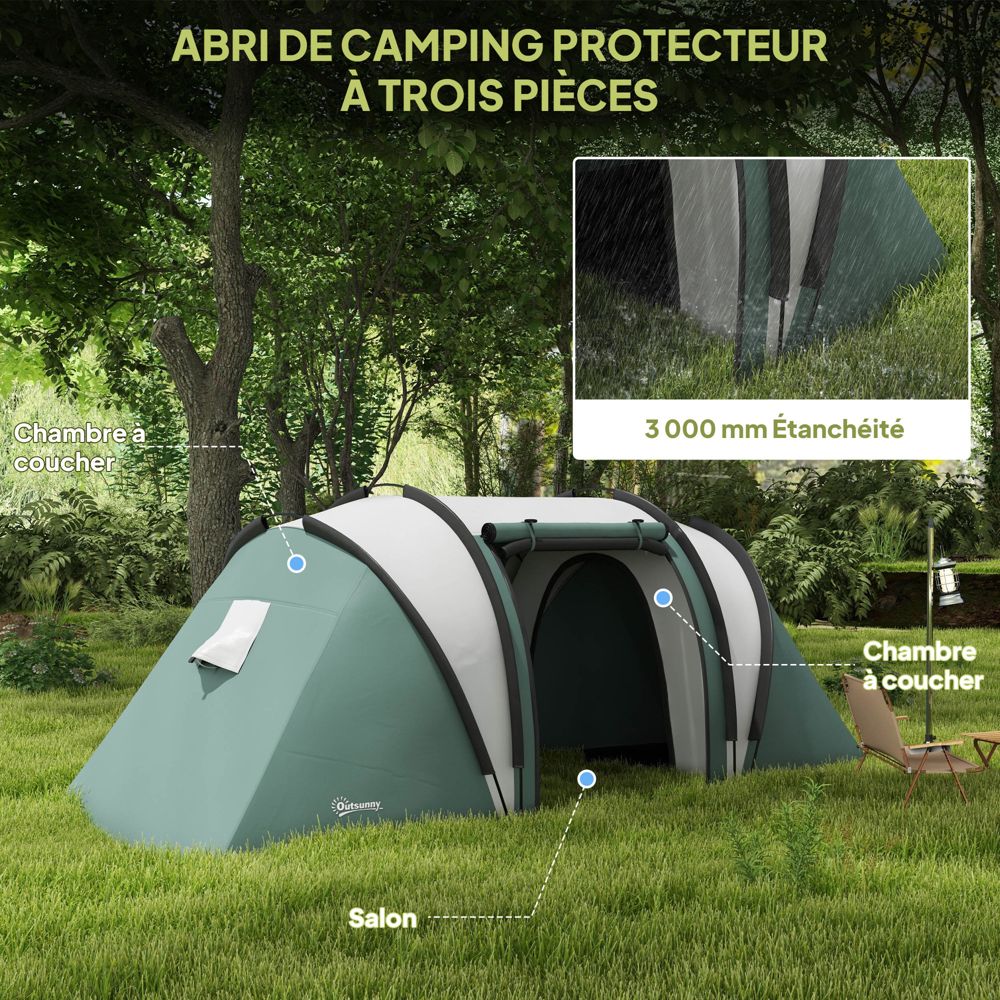Tente de camping familiale 4-5 pers. 2 chambres 3 fenêtres sac vert