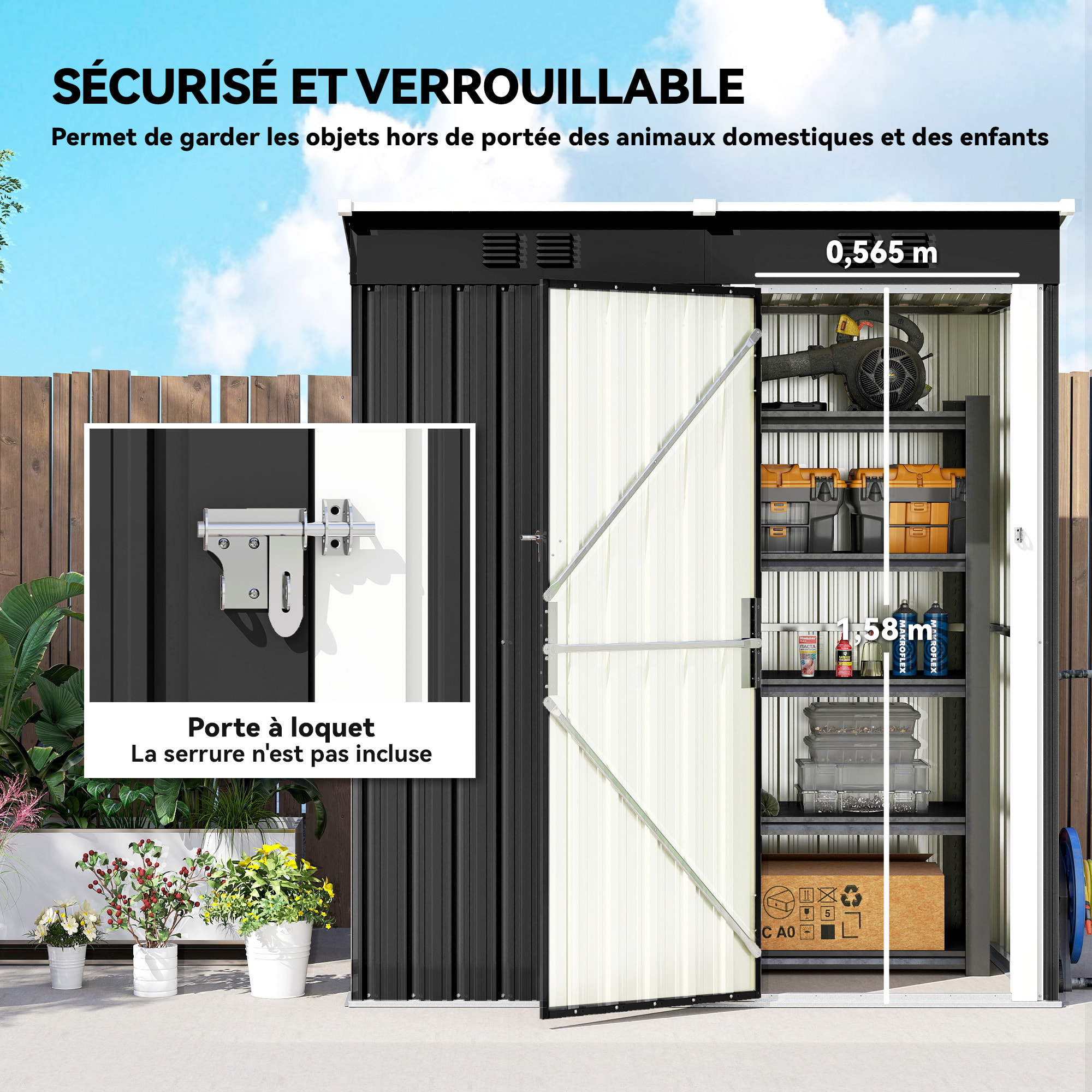Abri de jardin 1,37 m² - cabanon porte verrouillable - tôle d'acier ondulé anthracite blanc