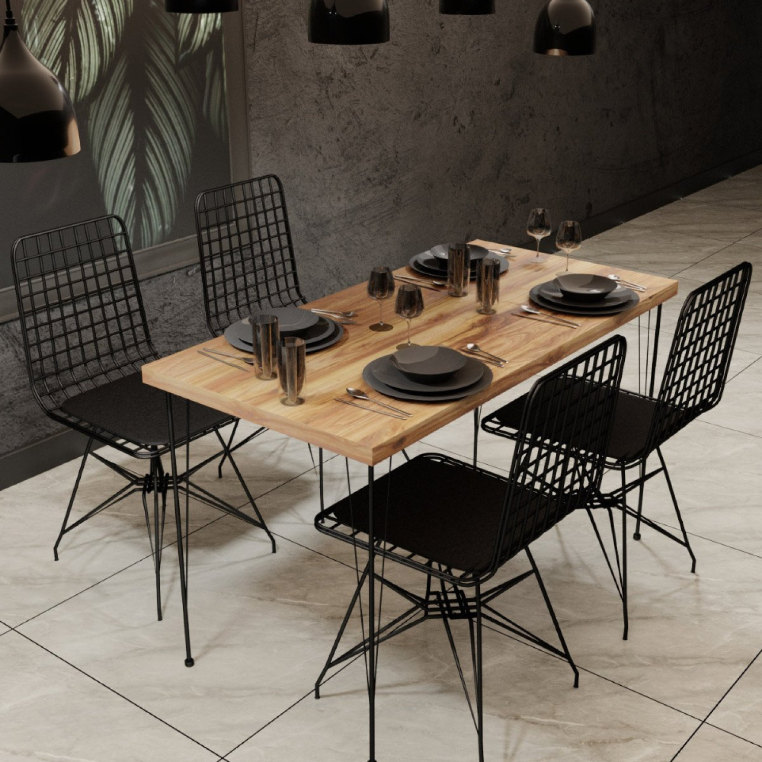 Ensemble repas table et chaises industriel bois et noir VERA