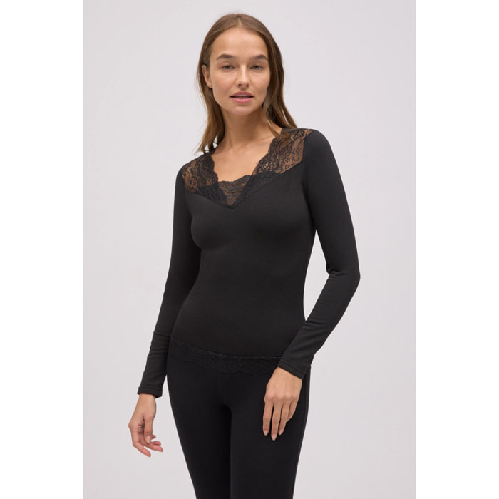 Maglietta termica con scollo a V e pizzo nero