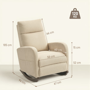 Silla Mecedora, Mecedora de Pana con Respaldo Alto, Patas de Madera de Caucho, Bolsillos, Reposabrazos, Estilo Moderno, Sillón de Lactancia, Carga 120 kg, para Dormitorio, Salón, Beige