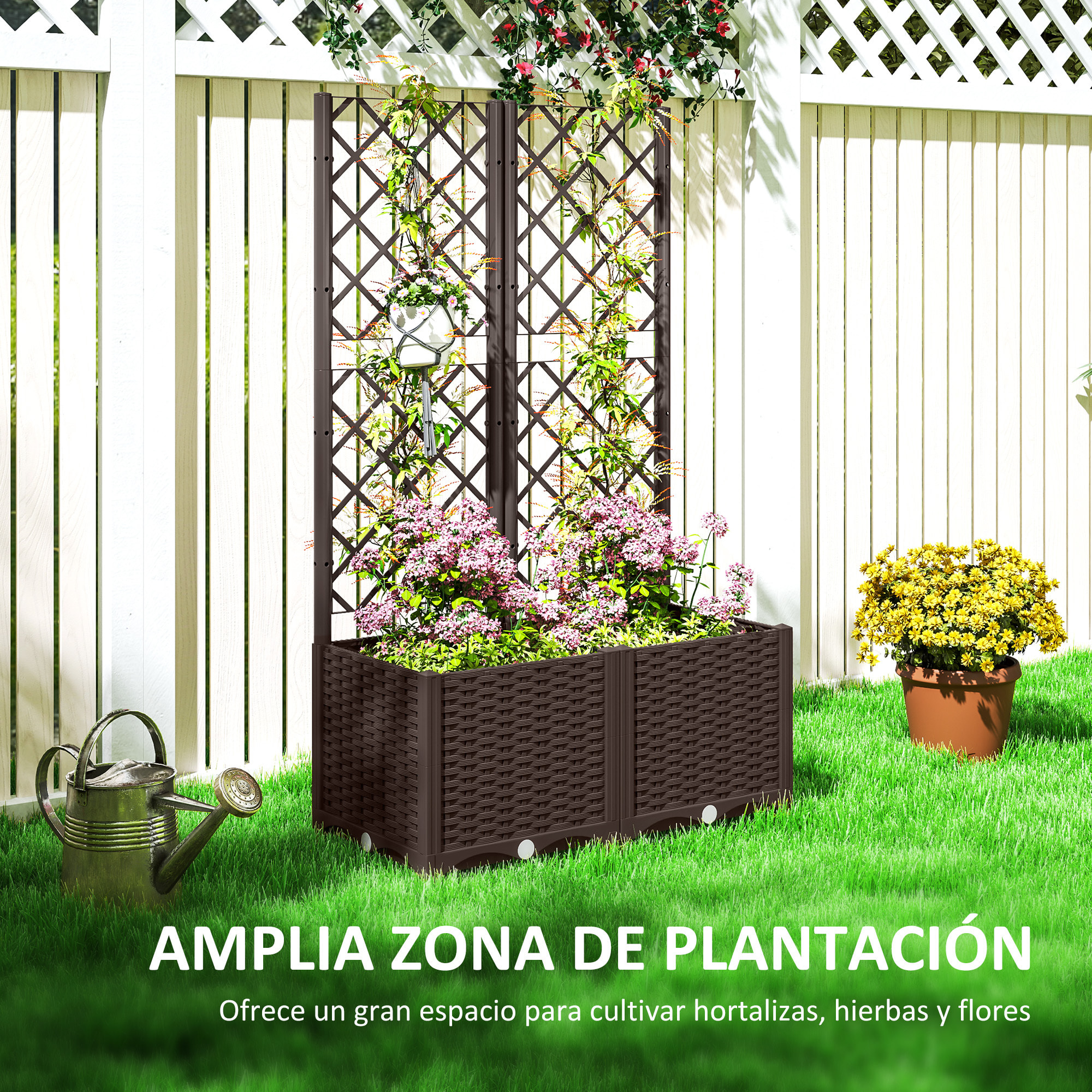 Jardinera con Enrejado de PP Jardinera Exterior Grande con Drenaje y Amplio Espacio para Plantas Trepadoras Macetero con Soporte para Jardín Patio Terraza 80x40x135 cm Marrón