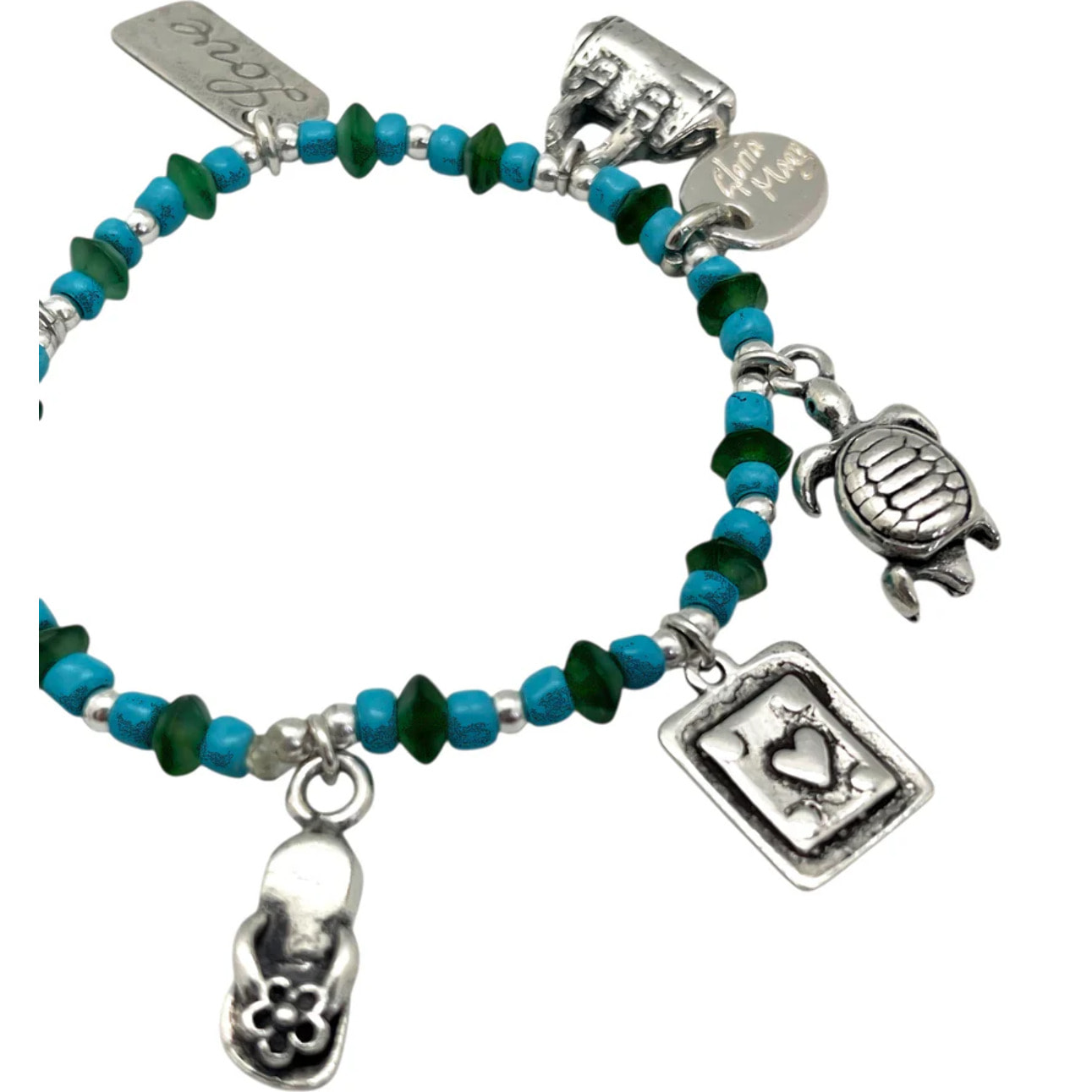 Pulsera elástica charms plata 10µ con resinas colores tono azul