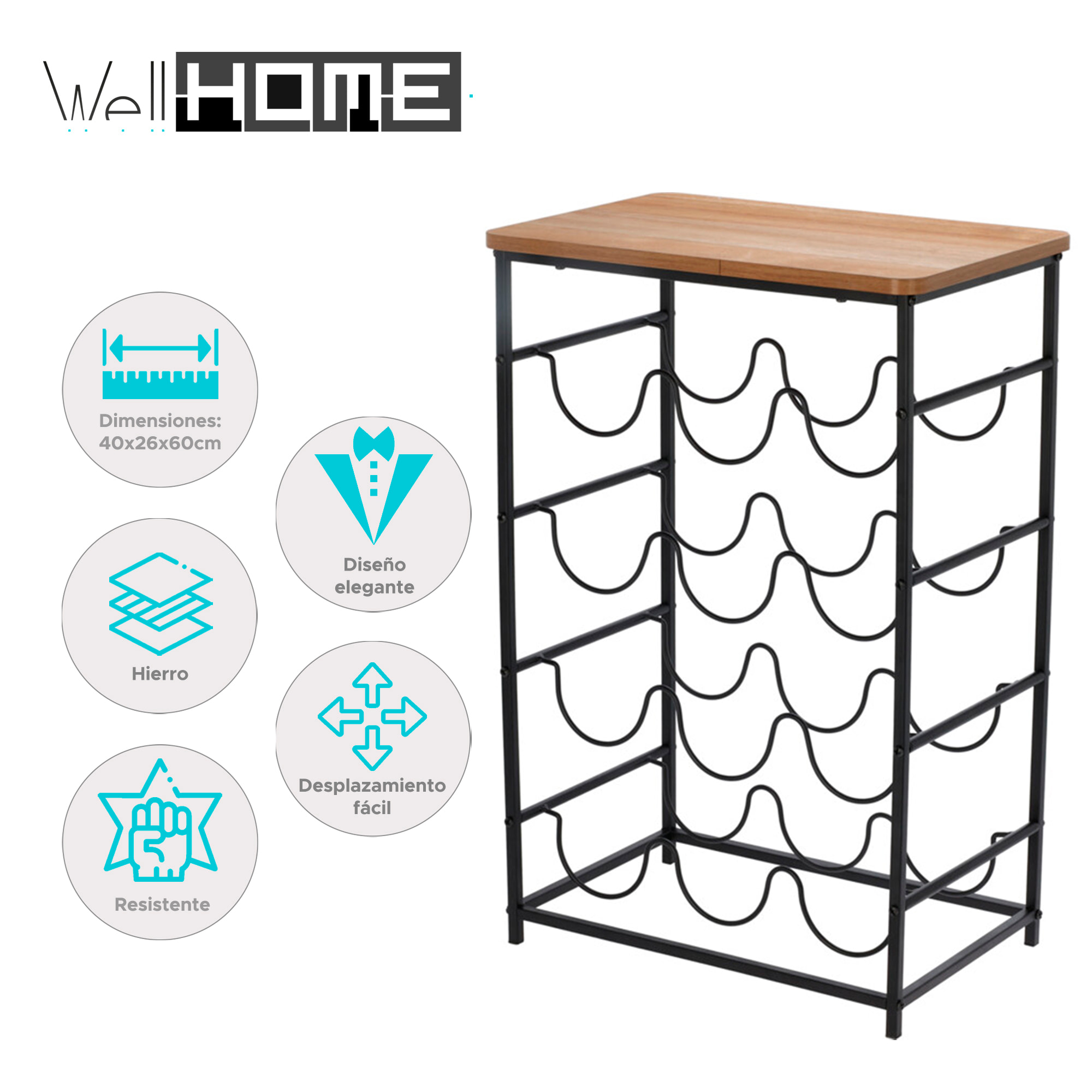 Botellero compacto y ligero de 40x26x60cm - Organizador elegante para exhibir botellas