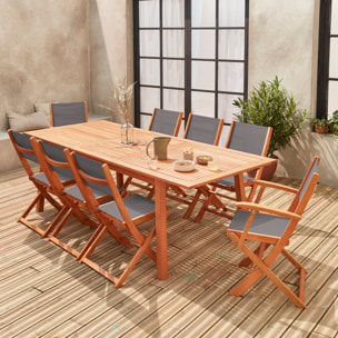 Table de jardin extensible bois d'eucalyptus + 8 assises. en bois d'Eucalyptus huilé et textilène gris anthracite