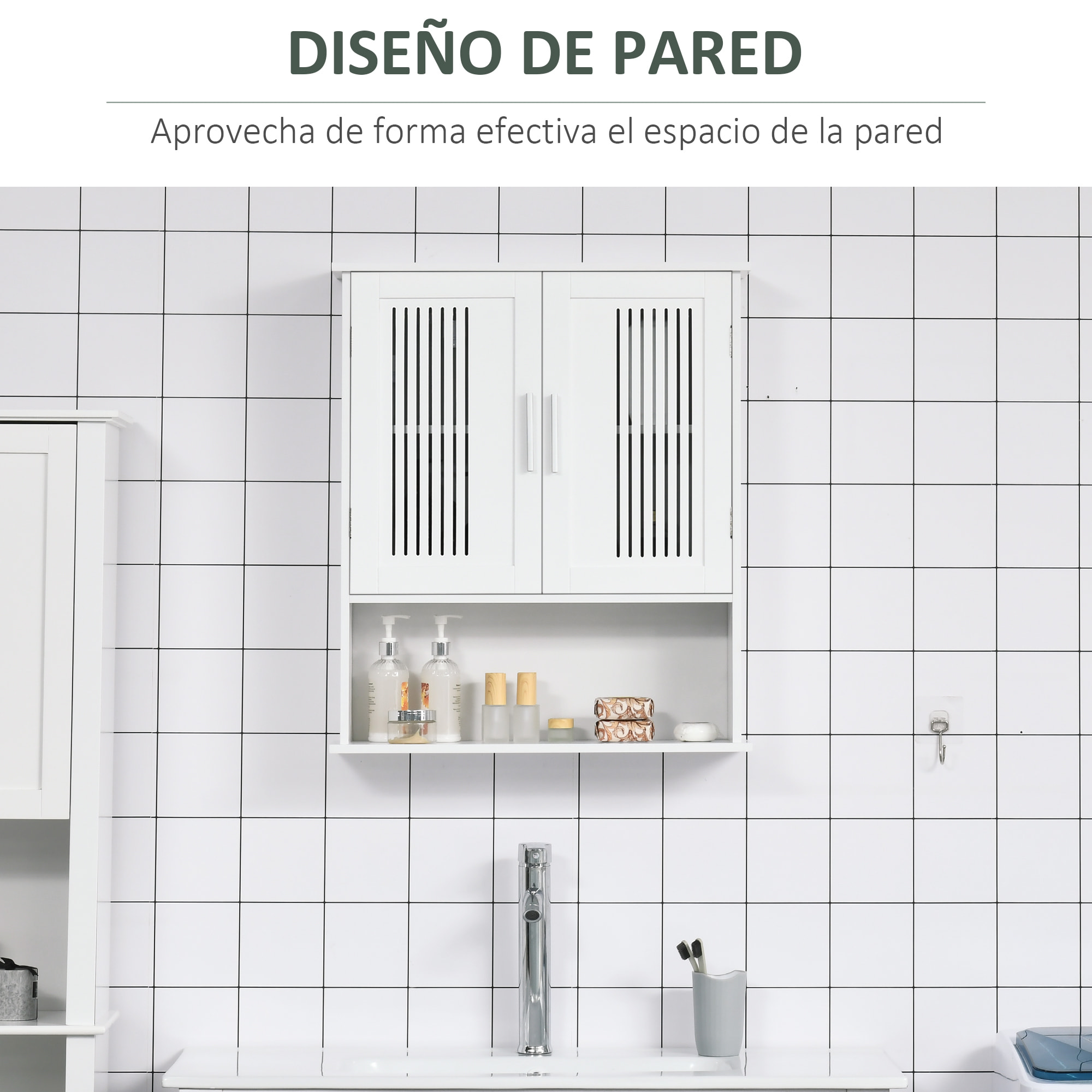 Armario de Pared para Baño Multiusos Mueble de Baño Suspendido Armario Colgante de Almacenamiento con 2 Puertas de Listones Estante Ajustable y Compartimento 60x20x70 cm Blanco